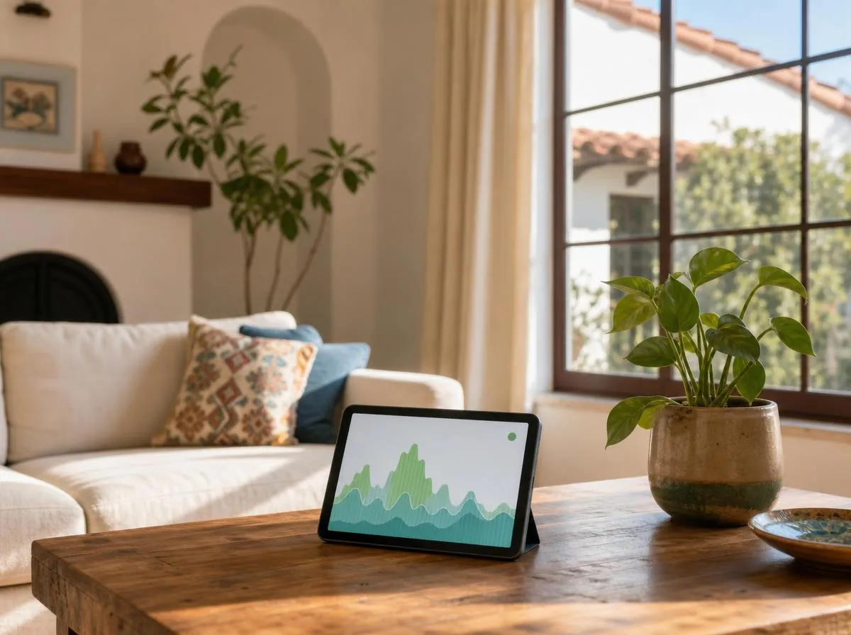 Salón luminoso de una vivienda con una tablet en la mesa mostrando el ahorro de energía