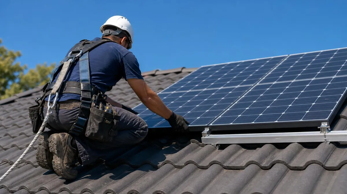 Instalador certificado fijando un panel solar en un tejado a plena luz del día